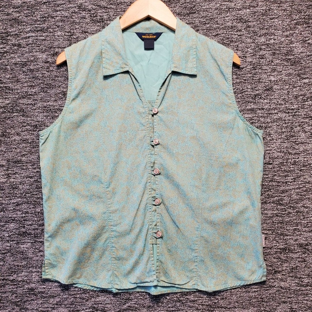 Woolrich Sleeveless Shirt Womens Large Blue Pastel Floral Cotton Button Up Top